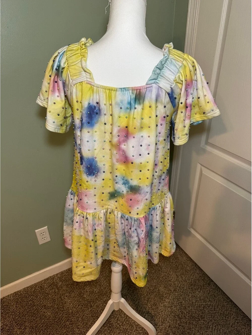 Queen of Sparkles Rainbow Tie-Dye Pearl Embellished Puff sleeve Mini Dress Small
